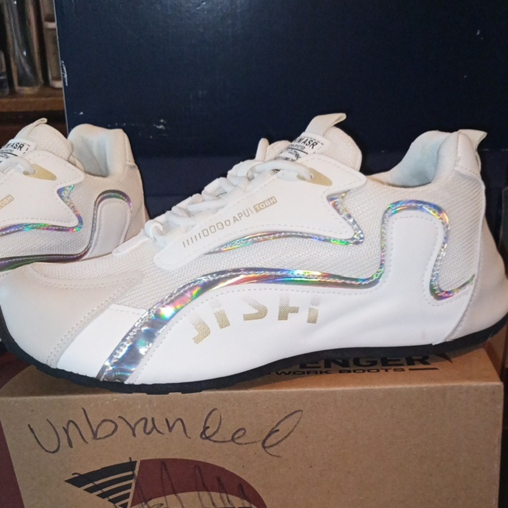 White Sneakers with Holographic Accents